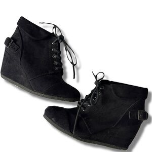 Call It Spring Black Suede Wedge Booties | Ankle Lace-Up Buckle Detail Size 6